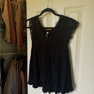 Free People Black Ruffled Cap Sleeve Blouse
